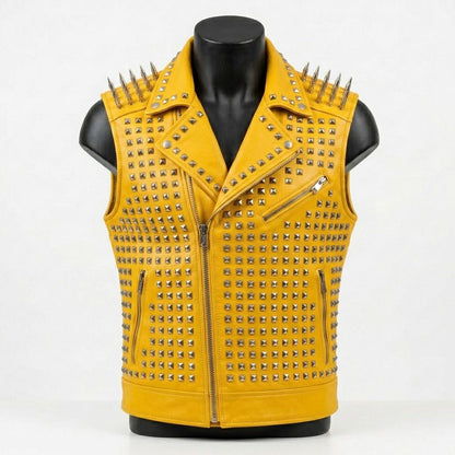 Front view of men yellow studded leather vest with metal spikes