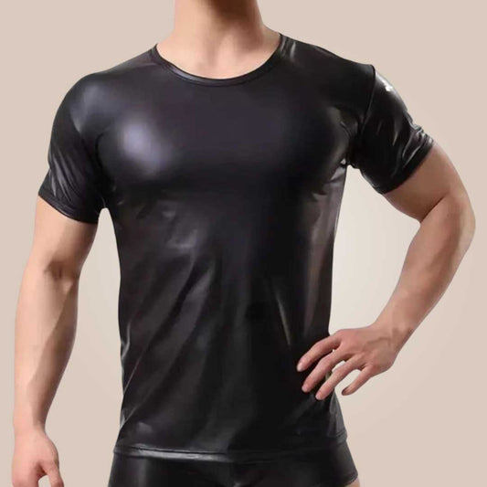 men black genuine leather t shirt front view