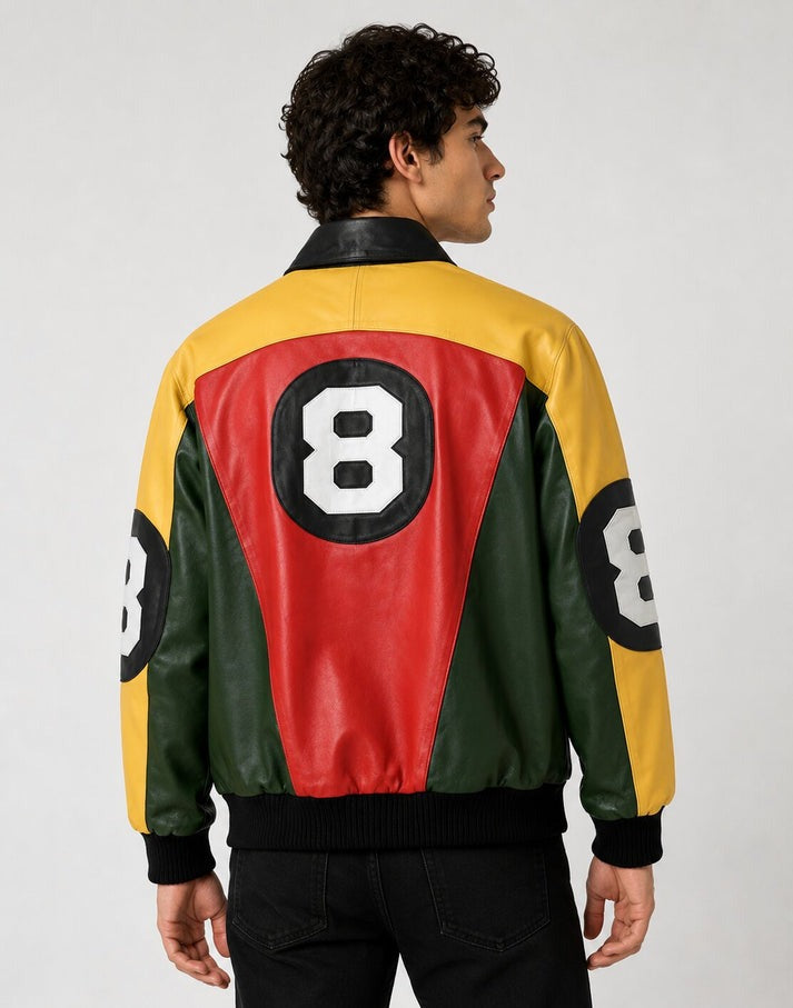 Multicolor men's leather jacket featuring a classic 8-ball design