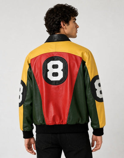 Multicolor men's leather jacket featuring a classic 8-ball design