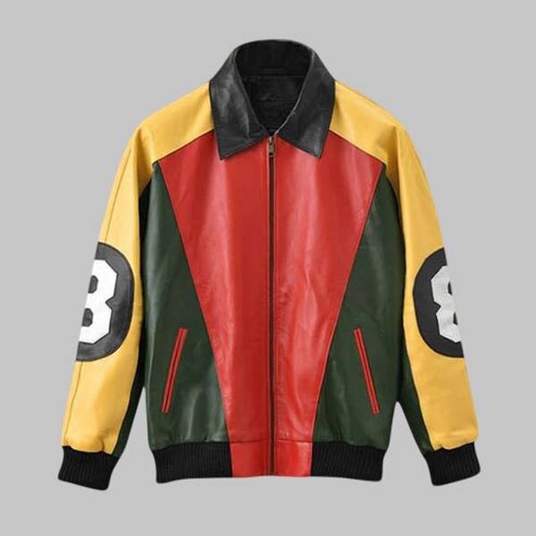 Men's multicolor leather outerwear with bold contrasting panels