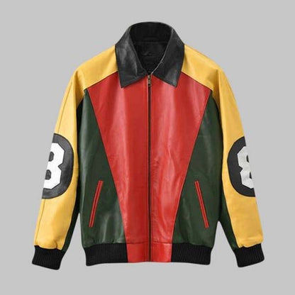 Men's multicolor leather outerwear with bold contrasting panels