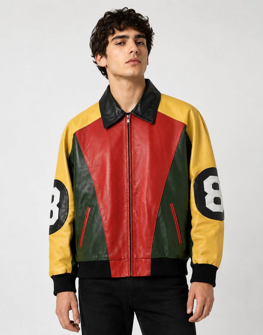 Men's 8 ball multicolor genuine leather jacket with retro streetwear styling