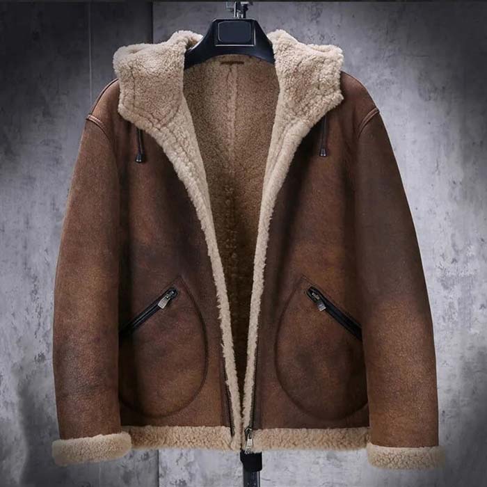 Men's brown leather jacket with shearling-trimmed open-hem cuffs