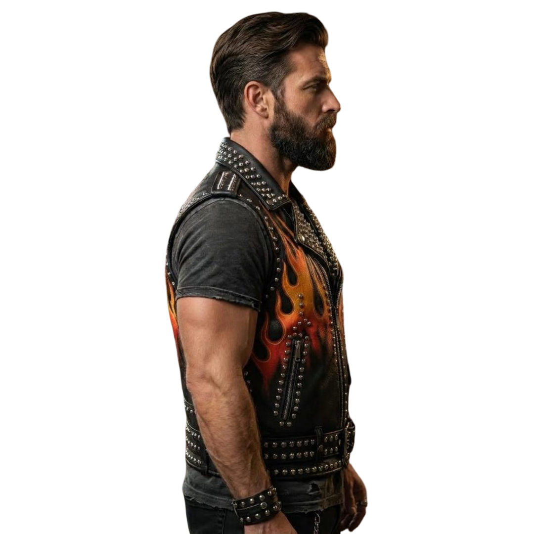  Side profile of men biker club leather vest with stud accents