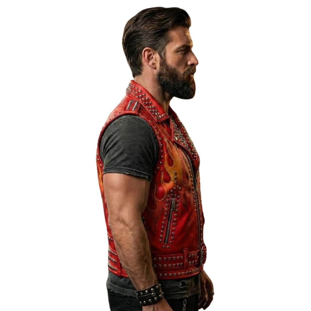 Side view of men studded flame print leather vest in premium cowhide biker style