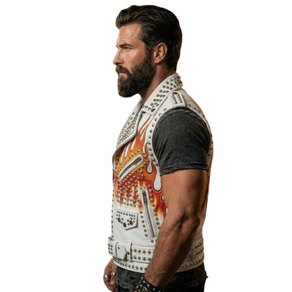  Side angle of men’s flame print cowhide leather motorcycle vest