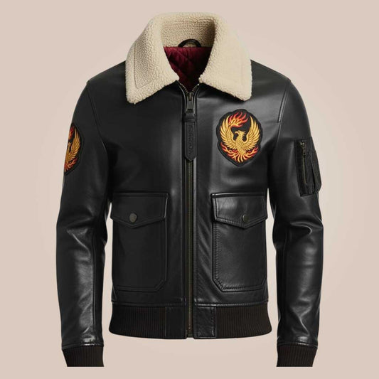 Men’s black A2 bomber leather jacket front view