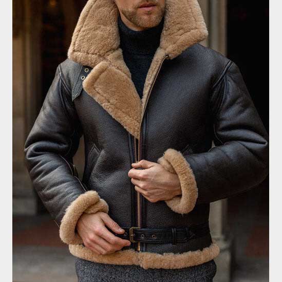 Men’s Black B3 RAF Shearling Aviator Leather Jacket with Belt and Fur Lining