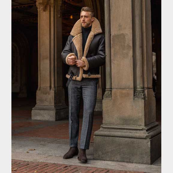 Men’s Black B3 RAF Shearling Aviator Leather Jacket with Belt and Fur Lining