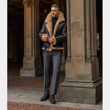 Men’s Black B3 RAF Shearling Aviator Leather Jacket with Belt and Fur Lining