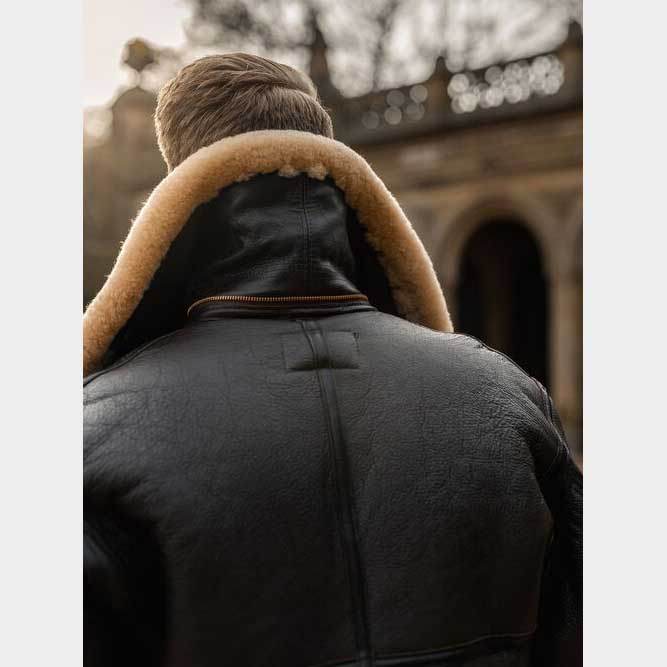 Men’s Black B3 RAF Shearling Aviator Leather Jacket with Belt and Fur Lining