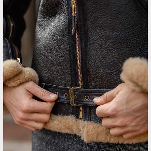Men’s Black B3 RAF Shearling Aviator Leather Jacket with Belt and Fur Lining