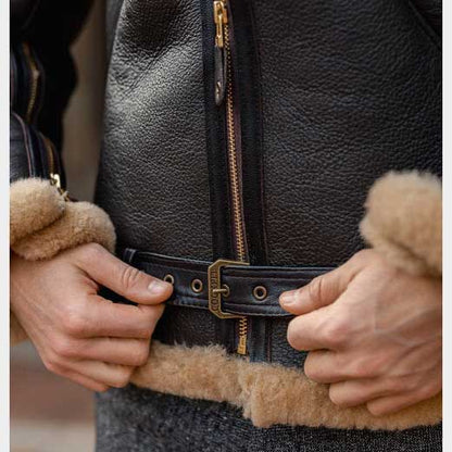 Men’s Black B3 RAF Shearling Aviator Leather Jacket with Belt and Fur Lining