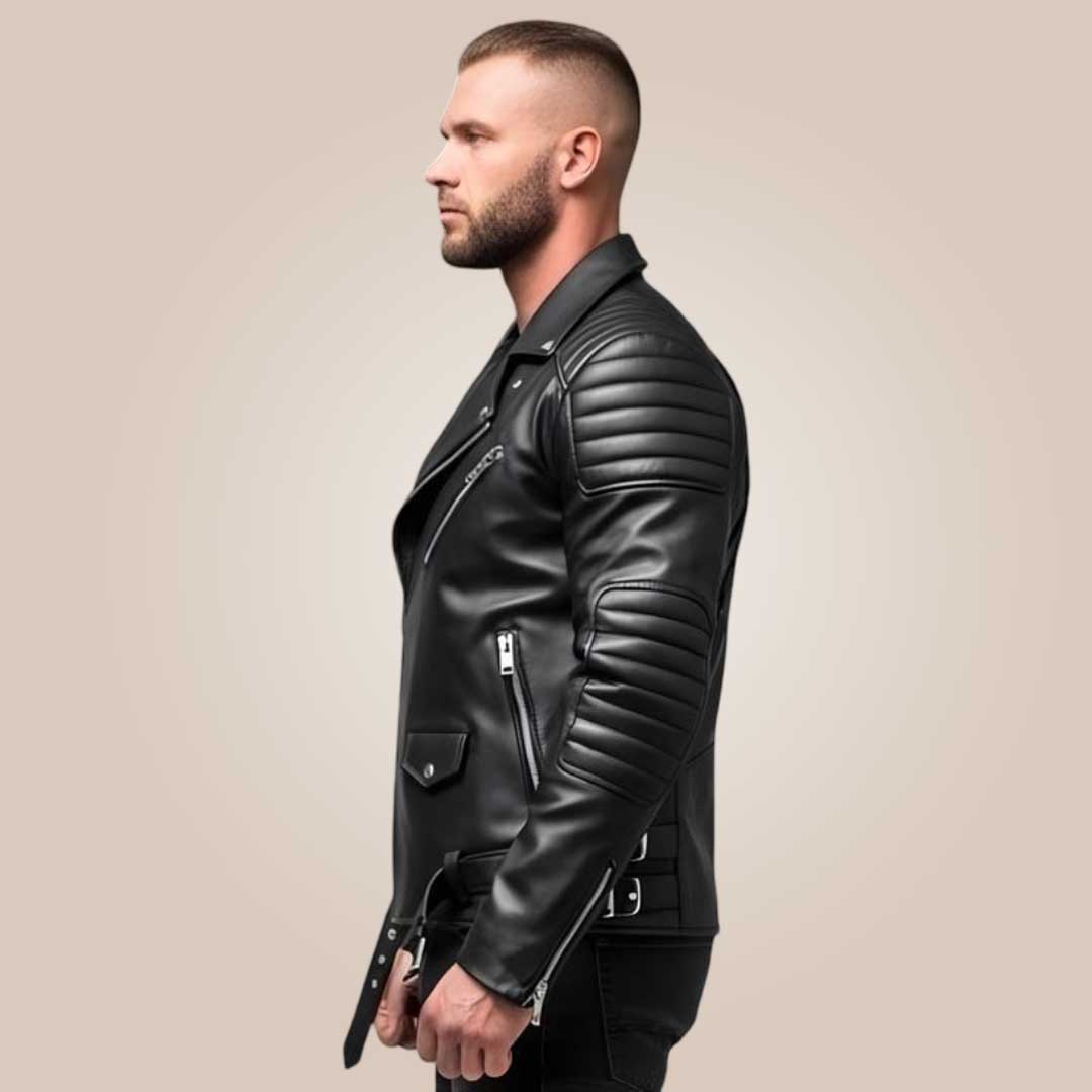 Matte black leather biker jacket with quilted shoulders