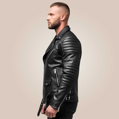 Matte black leather biker jacket with quilted shoulders