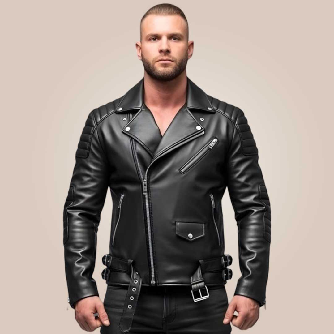 Men’s black cowhide leather biker jacket front view