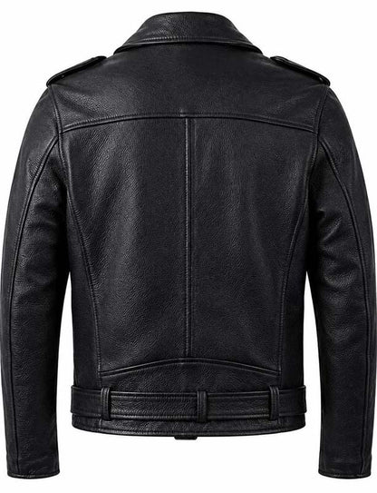 Men's black leather biker jacket with wide lapel collar