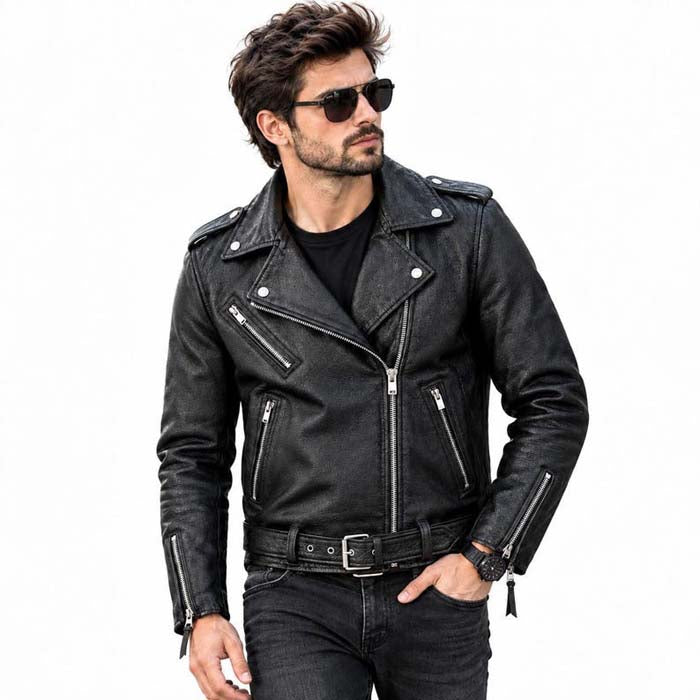 Men's black cowhide and sheep leather biker jacket front view