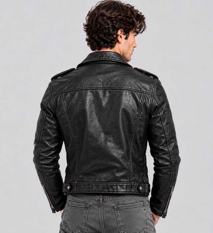 Black PU motorcycle jacket with a notched lapel collar and silver-tone hardware.