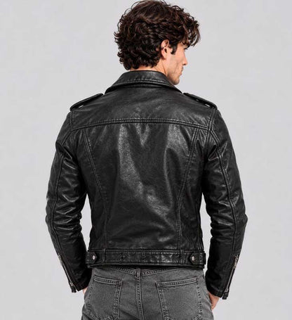 Black PU motorcycle jacket with a notched lapel collar and silver-tone hardware.