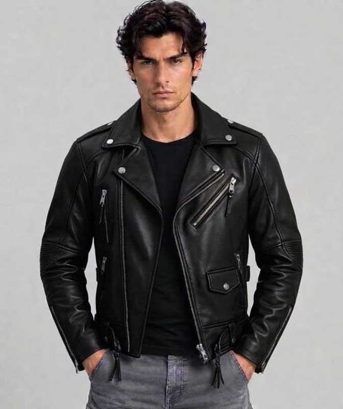 Men's black faux leather biker jacket featuring an asymmetric front zipper.