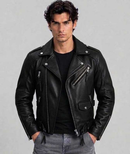 Men's black faux leather biker jacket featuring an asymmetric front zipper.