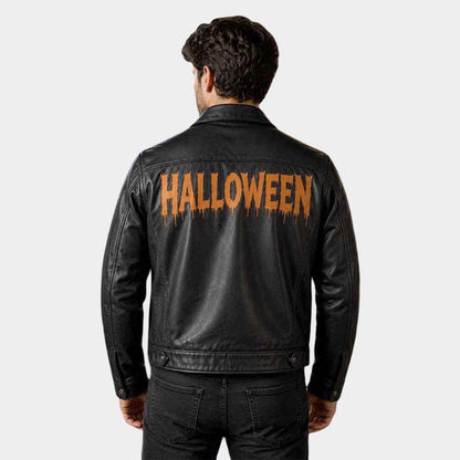 Black men's Halloween biker jacket with large HALLOWEEN back graphic