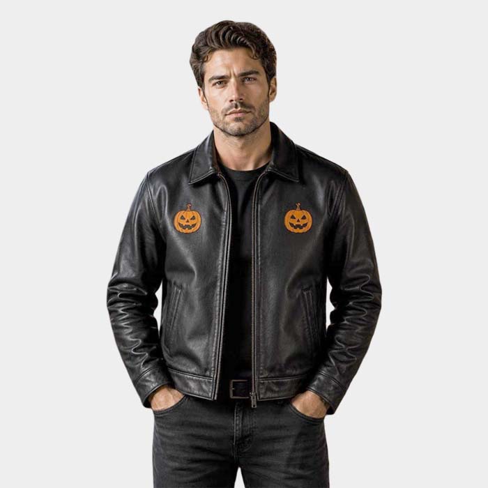 Men's black Halloween jacket with orange pumpkin chest artwork