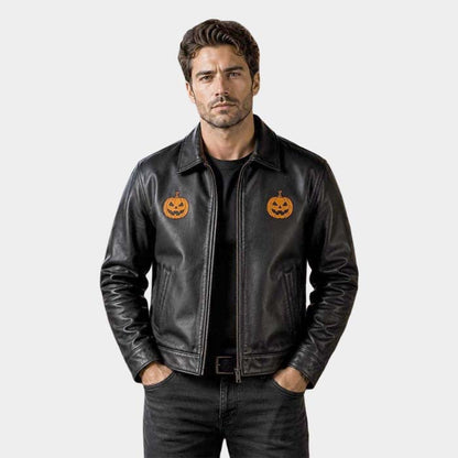Men's black Halloween jacket with orange pumpkin chest artwork
