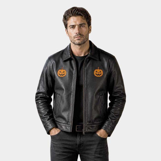 Men's black Halloween jacket with orange pumpkin chest artwork