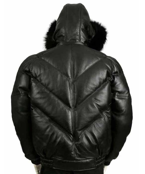 Black leather bomber jacket with real fur hood detail