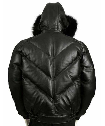 Black leather bomber jacket with real fur hood detail