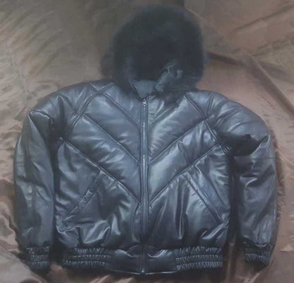 Close-up of real fur hood on lambskin leather jacket