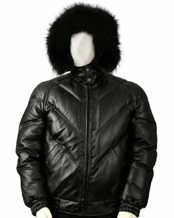 Men's black lambskin leather V-bomber jacket front view