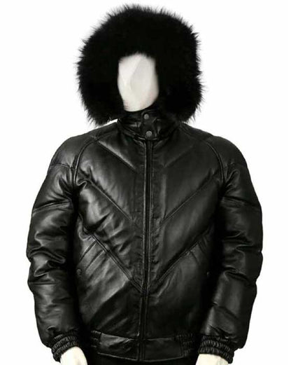 Men's black lambskin leather V-bomber jacket front view