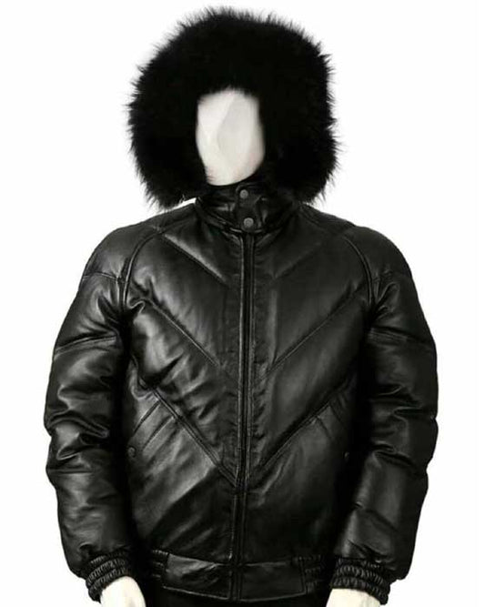 Men's black lambskin leather V-bomber jacket front view