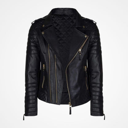 Men’s Black Leather Biker Jacket With Gold Zippers
