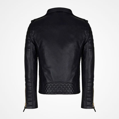 Men’s Black Leather Biker Jacket With Gold Zippers
