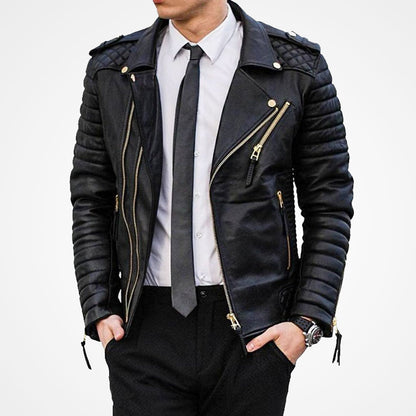 Men’s Black Leather Biker Jacket With Gold Zippers