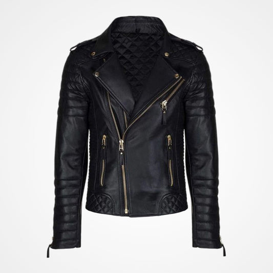 Men’s Black Leather Biker Jacket With Gold Zippers