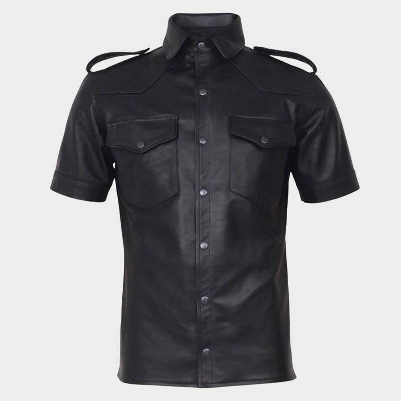 Men's Black Leather Biker Shirt Short Sleeve with Epaulettes