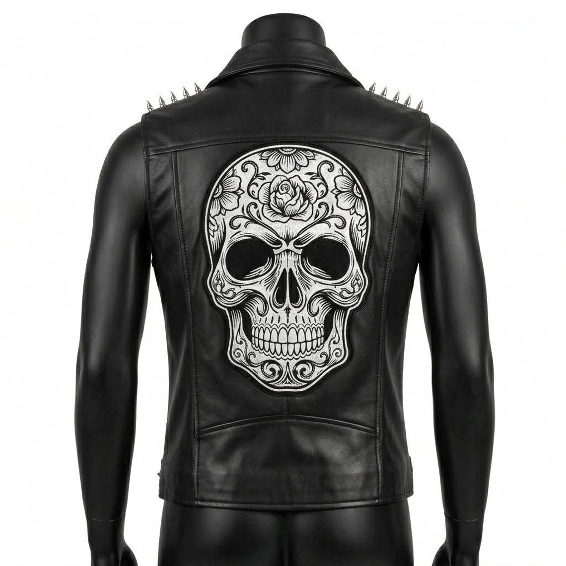 Back view of men black leather biker vest with gothic biker style