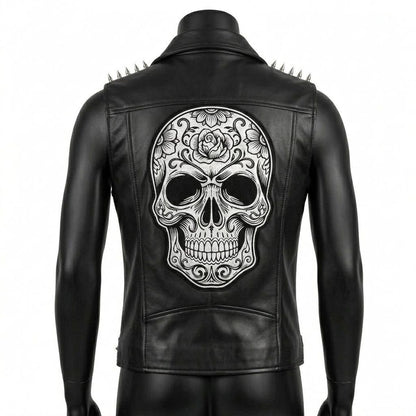 Back view of men black leather biker vest with gothic biker style