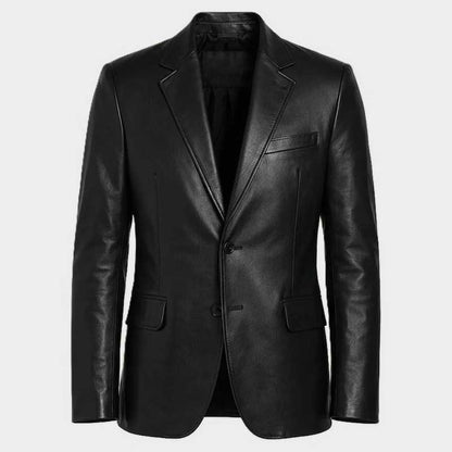 Mens Black Lambskin Leather Blazer Two Button Slim Fit Jacket