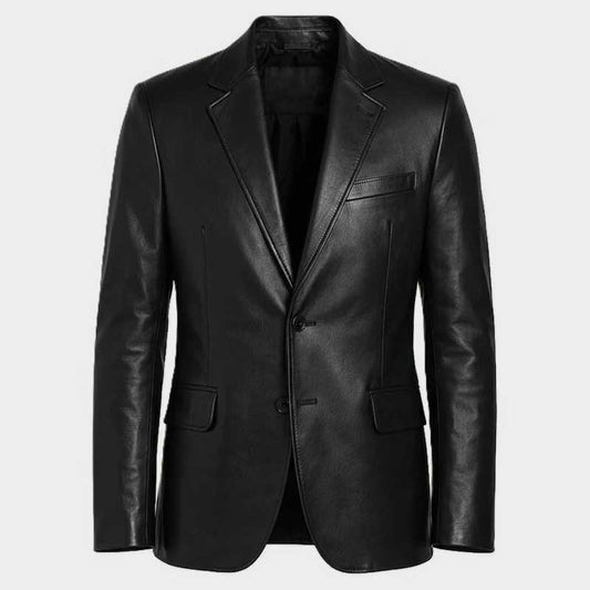Mens Black Lambskin Leather Blazer Two Button Slim Fit Jacket