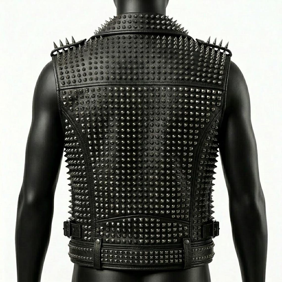 Back view of men’s black studded leather biker vest