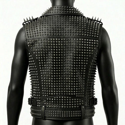 Back view of men’s black studded leather biker vest