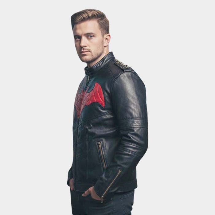 Black red genuine leather quilted motorcycle jacket for men