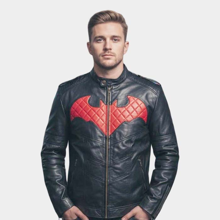 Men's black and red hero inspired quilted leather biker jacket